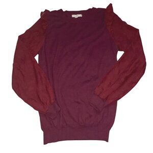 Skies Are Blue Womens Knit Blouse With Sheer Floral Sleeves-Wine-M-GUC